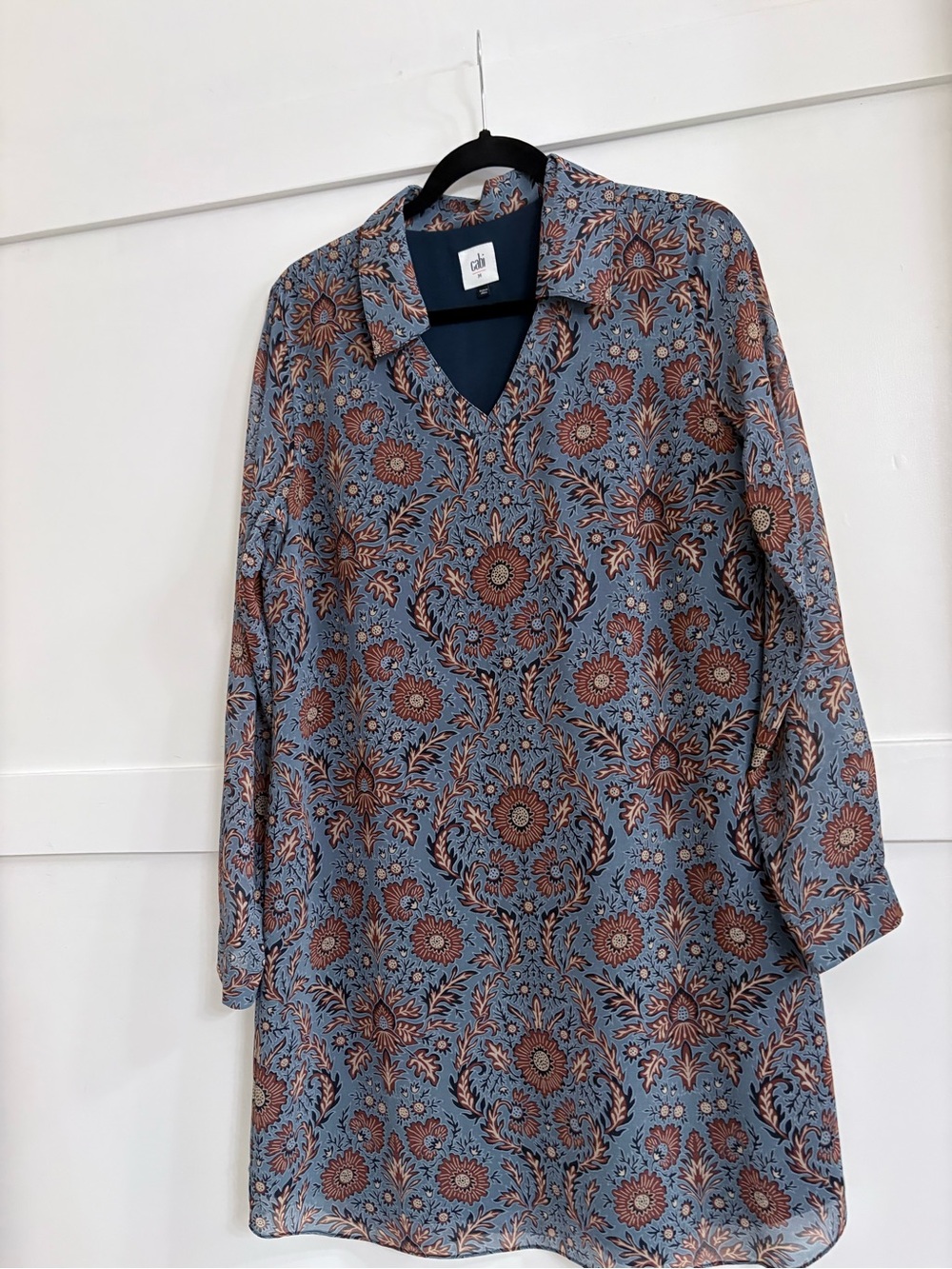 CAbi Blue and Rust Floral V-Neck Collared Long-Sleeve Dress